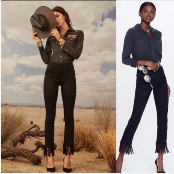 MOTHER The High Waisted Rascal Crop FrayWestern Fringe Hem Cropped Black Jeans - Picture 1 of 16